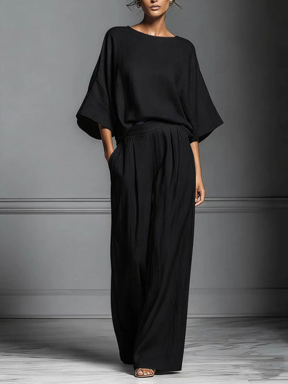 Women's Elegant Bell-sleeve Round Neck Linen Suit