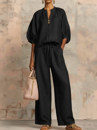 New Arrivals🔥Cozy Stylish Zip-up Top And Wide-leg Jeans Set