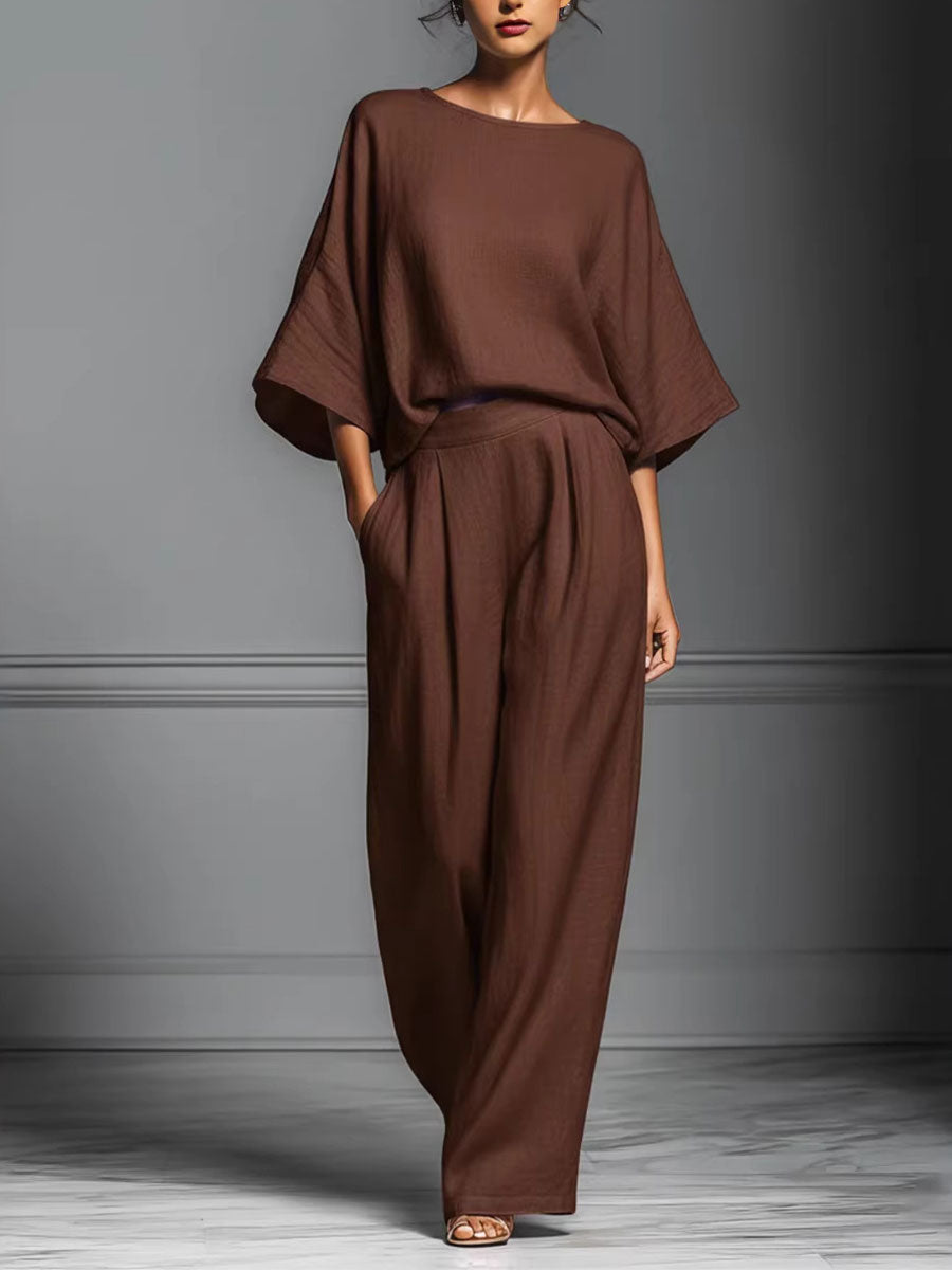 Women's Elegant Bell-sleeve Round Neck Linen Suit