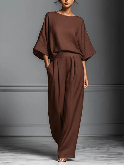 Women's Elegant Bell-sleeve Round Neck Linen Suit