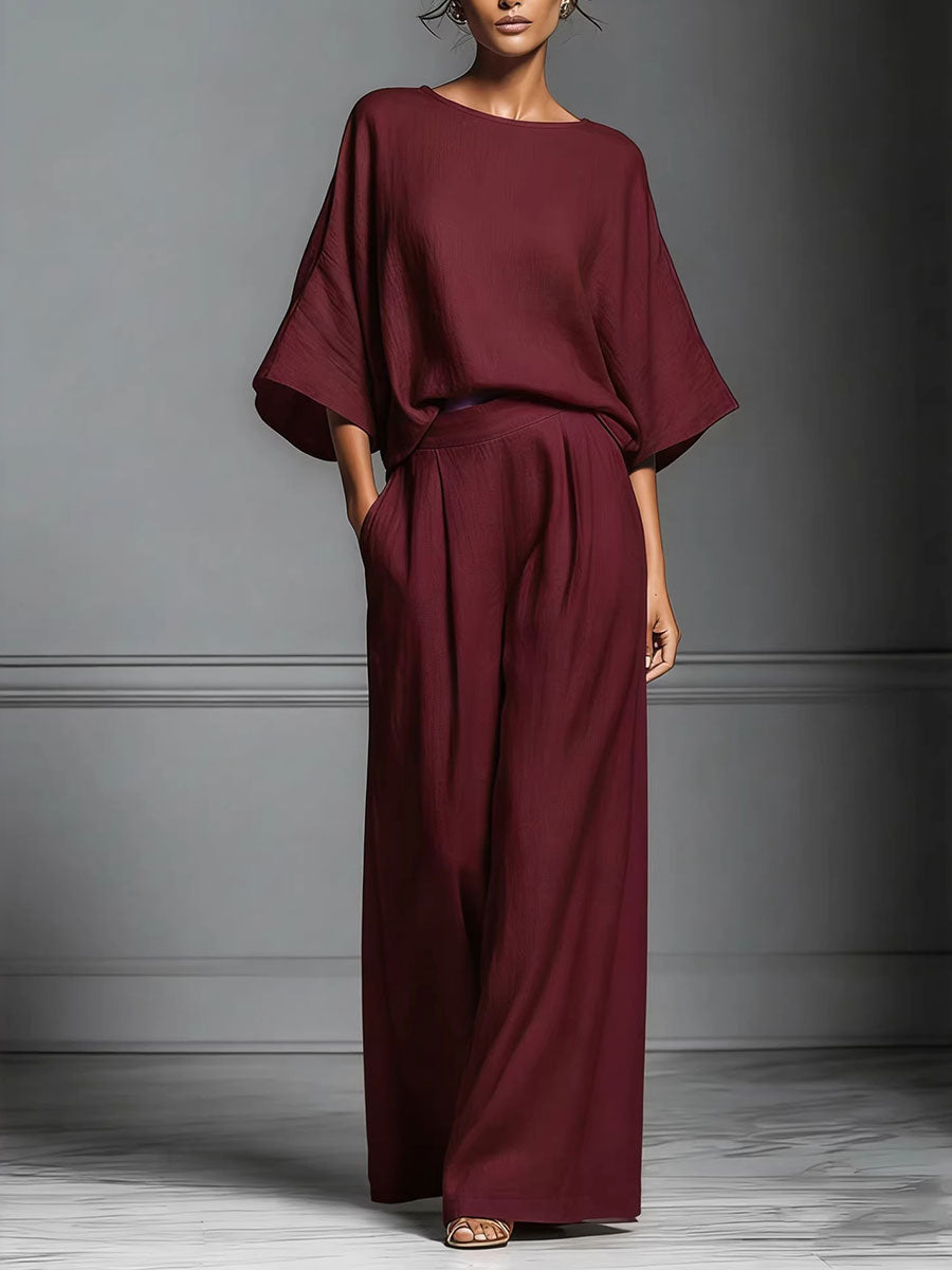 Women's Elegant Bell-sleeve Round Neck Linen Suit