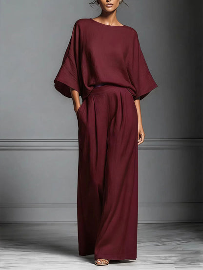 Women's Elegant Bell-sleeve Round Neck Linen Suit